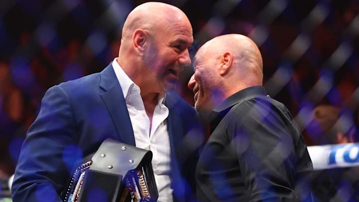 Apr 13, 2024; Las Vegas, Nevada, USA; UFC president Dana White (left) with Joe Rogan during UFC 300 at T-Mobile Arena. Mandatory Credit: Mark J. Rebilas-Imagn Images Apr 13, 2024; Las Vegas, Nevada, USA; UFC president Dana White (left) with Joe Rogan during UFC 300 at T-Mobile Arena. Mandatory Credit: Mark J. Rebilas-Imagn Images