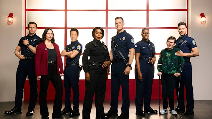 9-1-1 - ABC's 9-1-1 stars Oliver Stark as Evan "Buck" Buckley, Jennifer Love Hewitt as Maddie Kendall, Kenneth Choi as Howie "Chimney" Han, Angela Bassett as Athena Grant, Peter Krause as Bobby Nash, Aisha Hinds as Henrietta "Hen" Wilson, Gavin McHugh as Christopher Diaz, and Ryan Guzman as Eddie Diaz. (Disney/Justin Stephens)