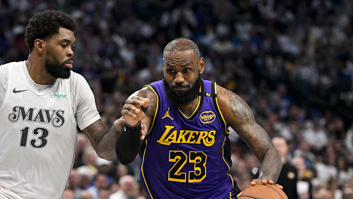 Apr 9, 2025; Dallas, Texas, USA; Los Angeles Lakers forward LeBron James (23) in action during the game between the Dallas Mavericks and the Los Angeles Lakers at American Airlines Center. Mandatory Credit: Jerome Miron-Imagn Images