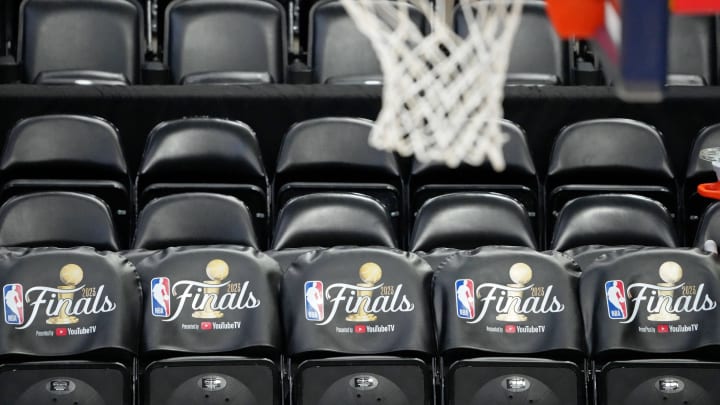 May 31, 2023; Denver, CO, USA; A general view of team benches with the 2023 NBA Finals logo during a practice session on media day before the 2023 NBA Finals at Ball Arena. Mandatory Credit: Kyle Terada-USA TODAY Sports