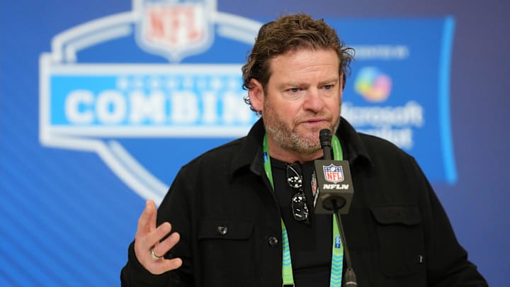 Feb 24, 2026; Indianapolis, IN, USA; Seattle Seahawks general manager John Schneider speaks at the NFL Scouting Combine at the Indiana Convention Center. Mandatory Credit: Kirby Lee-Imagn Images Feb 24, 2026; Indianapolis, IN, USA; Seattle Seahawks general manager John Schneider speaks at the NFL Scouting Combine at the Indiana Convention Center. Mandatory Credit: Kirby Lee-Imagn Images