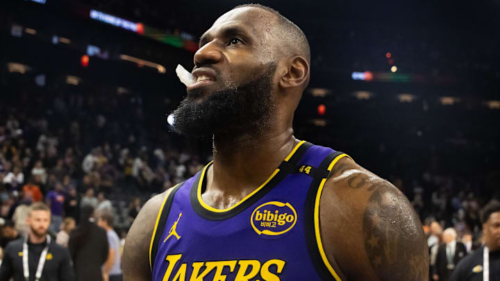 Oct 28, 2024; Phoenix, Arizona, USA; Los Angeles Lakers forward LeBron James (23) reacts against the Phoenix Suns at Footprint Center. Mandatory Credit: Mark J. Rebilas-Imagn Images