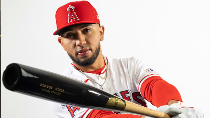 Feb 18, 2026; Tempe, AZ, USA; Los Angeles Angels infielder Oswald Peraza poses for a portrait during photo day at Tempe Diablo Stadium.  Mandatory Credit: Mark J. Rebilas-Imagn Images