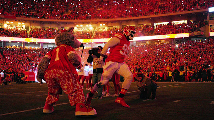 Dec 8, 2024; Kansas City, Missouri, USA; Kansas City Chiefs defensive tackle Chris Jones (95) takes the field prior to a game against the Los Angeles Chargers at GEHA Field at Arrowhead Stadium. Mandatory Credit: Jay Biggerstaff-Imagn Images