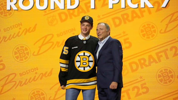 Jun 27, 2025; Los Angeles, California, USA; James Hagens is selected as the seventh overall pick to the Boston Bruins in the first round of the 2025 NHL Draft at Peacock Theater. Mandatory Credit: Kirby Lee-Imagn Images Jun 27, 2025; Los Angeles, California, USA; James Hagens is selected as the seventh overall pick to the Boston Bruins in the first round of the 2025 NHL Draft at Peacock Theater. Mandatory Credit: Kirby Lee-Imagn Images