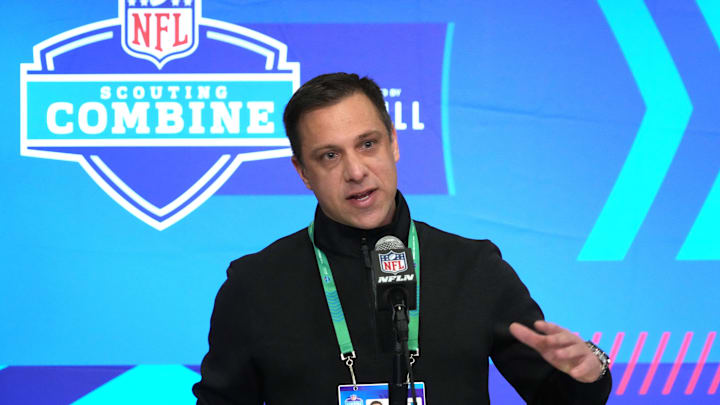 Feb 27, 2024; Indianapolis, IN, USA; Kansas City Chiefs general manager Brett Veach speaks during a