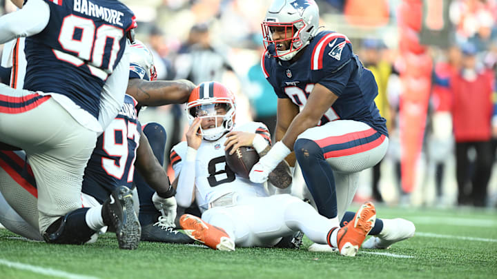Oct 26, 2025; Foxborough, Massachusetts, USA; Cleveland Browns quarterback Dillon Gabriel (8) is sacked during the fourth quarter against the New England Patriots at Gillette Stadium. Mandatory Credit: Brian Fluharty-Imagn Images Oct 26, 2025; Foxborough, Massachusetts, USA; Cleveland Browns quarterback Dillon Gabriel (8) is sacked during the fourth quarter against the New England Patriots at Gillette Stadium. Mandatory Credit: Brian Fluharty-Imagn Images
