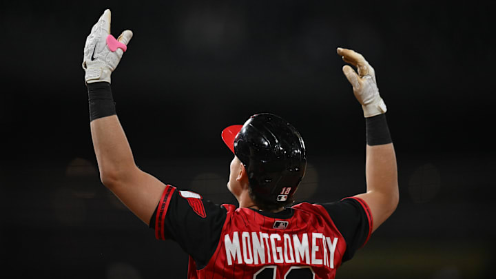 Apr 24, 2026; Chicago, Illinois, USA; Chicago White Sox shortstop Colson Montgomery (12) celebrates his RBI single against the Washington Nationals during the sixth inning at Rate Field. Mandatory Credit: Patrick Gorski-Imagn Images