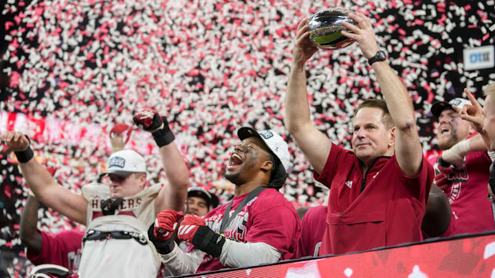 Indiana coach Curt Cignetti celebrates Dec. 6, 2025, after winning the Big Ten championship against Ohio State at Lucas Oil Stadium in Indianapolis.