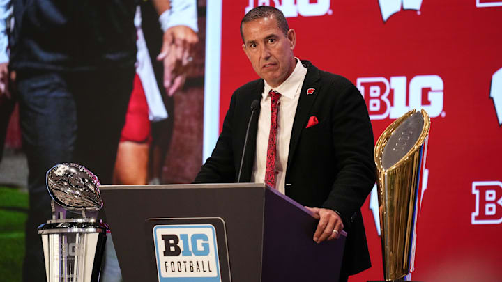 Jul 23, 2025; Las Vegas, NV, USA; Wisconsin head coach Luke Fickell speaks to the media during the Big Ten NCAA college football media days at Mandalay Bay Resort.