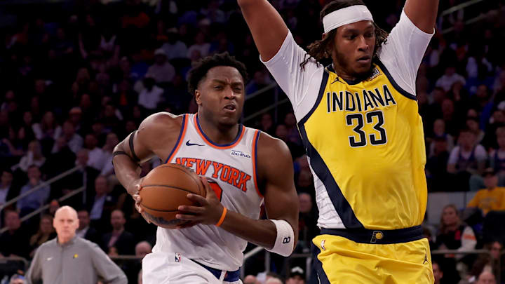 Oct 25, 2024; New York, New York, USA; New York Knicks forward OG Anunoby (8) drives to the basket against Indiana Pacers center Myles Turner (33) during the third quarter at Madison Square Garden. Mandatory Credit: Brad Penner-Imagn Images Oct 25, 2024; New York, New York, USA; New York Knicks forward OG Anunoby (8) drives to the basket against Indiana Pacers center Myles Turner (33) during the third quarter at Madison Square Garden. Mandatory Credit: Brad Penner-Imagn Images