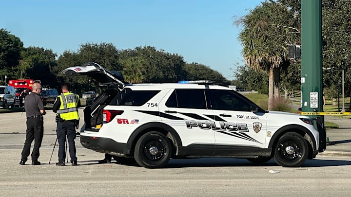 Port St. Lucie Police on Oct. 31, 2025, investigate after a crash involving a vehicle and an electric scooter at Southeast Crosstown Parkway and Southeast Sandia Drive. A 49-year-old man on the scooter died after the incident.