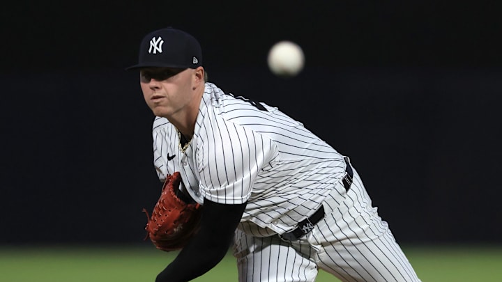 Feb 25, 2026; Tampa, Florida, USA; New York Yankees starting pitcher Ryan Weathers (40) throws a pitch during the first inning against the against the Washington Nationals at George M. Steinbrenner Field. Mandatory Credit: Kim Klement Neitzel-Imagn Images