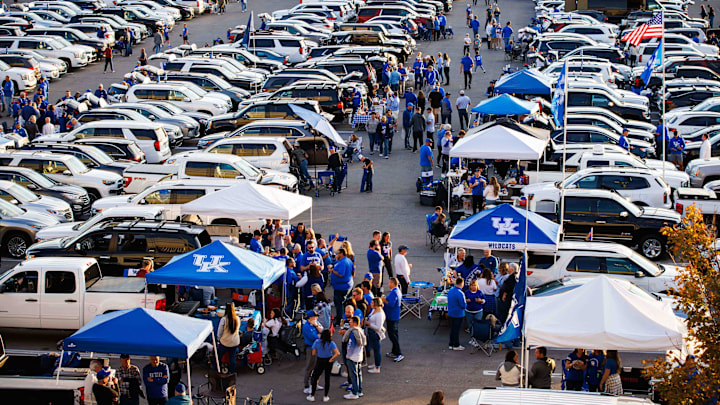 Oct 15, 2022; Lexington, Kentucky, USA; Fans tailgate in the parking lot before the game between the Kentucky Wildcats and the Mississippi State Bulldogs at Kroger Field. Mandatory Credit: Jordan Prather-Imagn Images