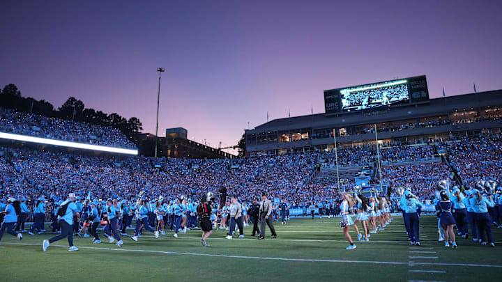 Sep 1, 2025; Chapel Hill, North Carolina, USA; North Carolina Tar Heels head coach Bill Belichick comes on to the field before the game at Kenan Stadium. Mandatory Credit: Bob Donnan-Imagn Images