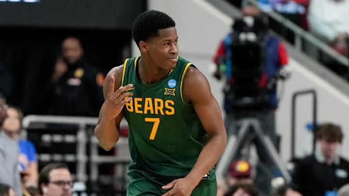 Mar 21, 2025; Raleigh, NC, USA; Baylor Bears guard VJ Edgecombe (7) celebrates during the second half against the Mississippi State Bulldogs in the first round of the NCAA Tournament at Lenovo Center. Mandatory Credit: Bob Donnan-Imagn Images