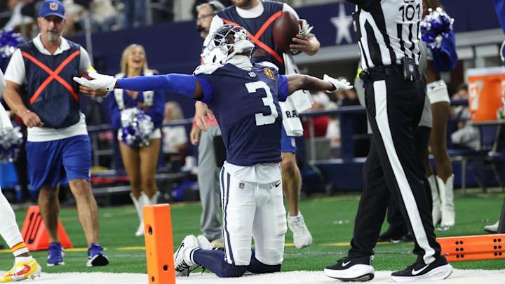 Nov 27, 2025; Arlington, Texas, USA; Dallas Cowboys wide receiver George Pickens (3) celebrates after catching a pass for a successful two-point conversion against the Kansas City Chiefs during the fourth quarter at AT&T Stadium. Mandatory Credit: Kevin Jairaj-Imagn Images Nov 27, 2025; Arlington, Texas, USA; Dallas Cowboys wide receiver George Pickens (3) celebrates after catching a pass for a successful two-point conversion against the Kansas City Chiefs during the fourth quarter at AT&T Stadium. Mandatory Credit: Kevin Jairaj-Imagn Images