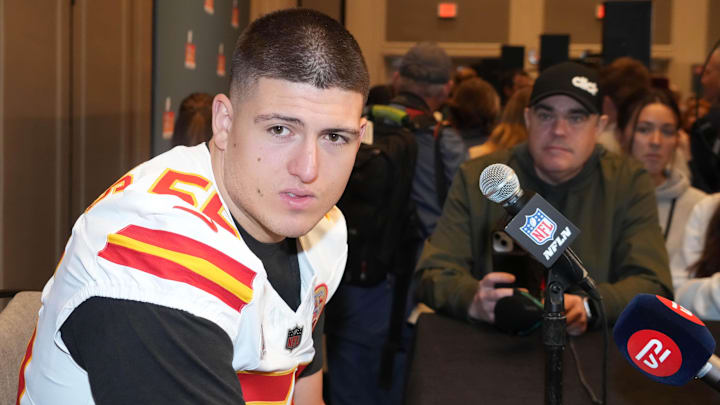 Feb 4, 2025; New Orleans, LA, USA;  Kansas City Chiefs defensive end George Karlaftis (56) at a press conference in advance of Super Bowl LIX at New Orleans Marriott. Mandatory Credit: Kirby Lee-Imagn Images