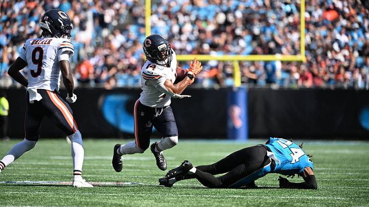 Sep 13, 2026; Charlotte, North Carolina, USA; Chicago Bears wide receiver Kalif Raymond (14) is tackled by Carolina Panthers cornerback Will Lee III (24) in the fourth quarter at Bank of America Stadium. Mandatory Credit: Bob Donnan-Imagn Images Sep 13, 2026; Charlotte, North Carolina, USA; Chicago Bears wide receiver Kalif Raymond (14) is tackled by Carolina Panthers cornerback Will Lee III (24) in the fourth quarter at Bank of America Stadium. Mandatory Credit: Bob Donnan-Imagn Images