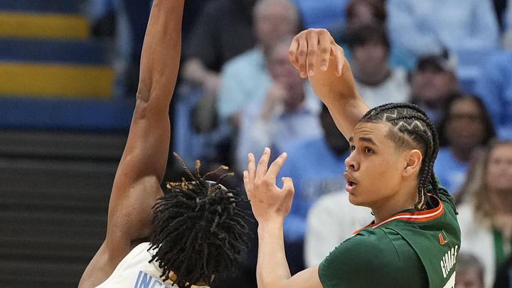 Feb 26, 2024; Chapel Hill, North Carolina, USA; Miami (Fl) Hurricanes guard Kyshawn George (7) Feb 26, 2024; Chapel Hill, North Carolina, USA; Miami (Fl) Hurricanes guard Kyshawn George (7)