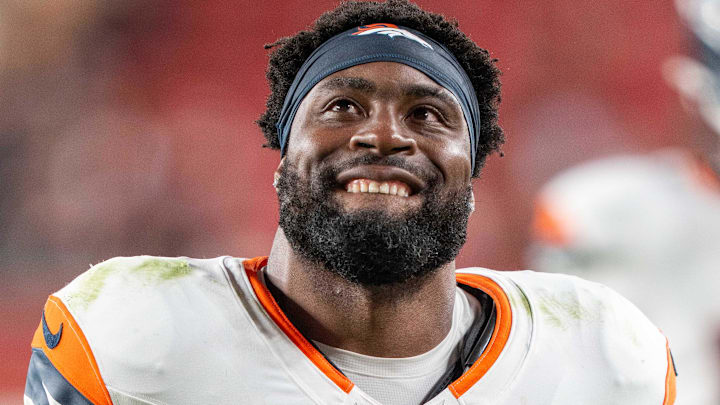 August 9, 2025; Santa Clara, California, USA; Denver Broncos running back Audric Estime (23) after the game against the San Francisco 49ers at Levi's Stadium. Mandatory Credit: Kyle Terada-Imagn Images