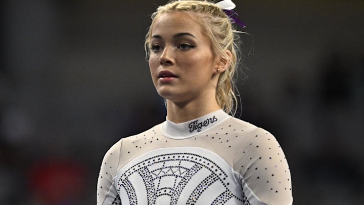 Livvy Dunne warms up on floor before the start of the 2024 Women’s National Gymnastics Championship. Livvy Dunne warms up on floor before the start of the 2024 Women’s National Gymnastics Championship.