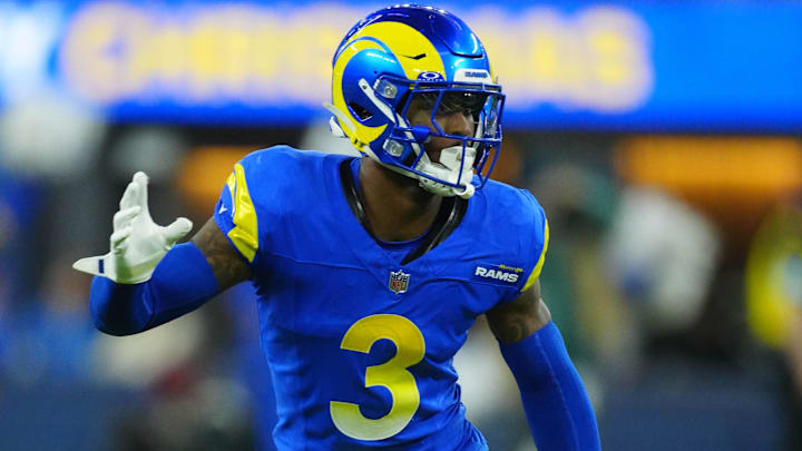 Dec 28, 2024; Inglewood, California, USA; Los Angeles Rams safety Kamren Curl (3) lines up against the Arizona Cardinals in the first half at SoFi Stadium. Mandatory Credit: Kirby Lee-Imagn Images
