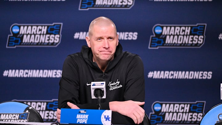 Mar 19, 2026; St. Louis, MO, USA; Kentucky Wildcats head coach Mark Pope talks with the media during a practice session ahead of the first round of the men's 2026 NCAA Tournament at Enterprise Center. Mandatory Credit: Jeff Curry-Imagn Images