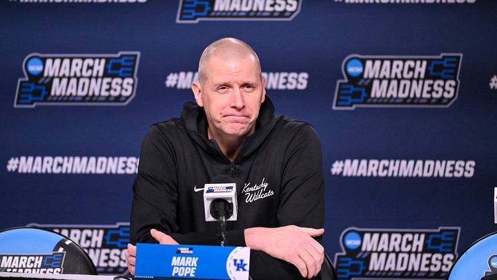 Mar 19, 2026; St. Louis, MO, USA; Kentucky Wildcats head coach Mark Pope talks with the media during a practice session ahead of the first round of the men's 2026 NCAA Tournament at Enterprise Center. Mandatory Credit: Jeff Curry-Imagn Images