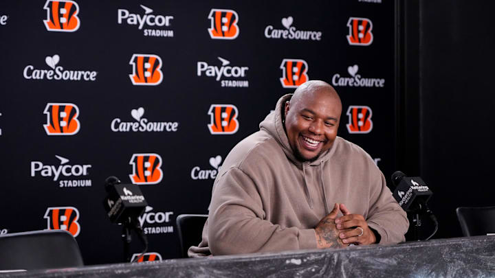 Newly signed Cincinnati Bengals defense tackle Dexter Lawrence speaks in a press conference for the first time since joining the team at Paycor Stadium in Cincinnati on Monday, April 20, 2026.