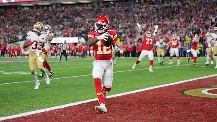 Feb 11, 2024; Paradise, Nevada, USA; Kansas City Chiefs wide receiver Mecole Hardman Jr. (12) scores