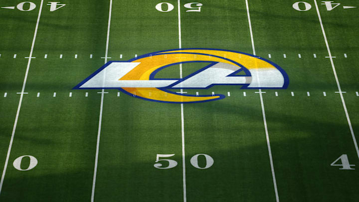 Oct 2, 2025; Inglewood, California, USA; The Los Angeles Rams helmet logo at midfield at SoFi Stadium. Mandatory Credit: Kirby Lee-Imagn Images