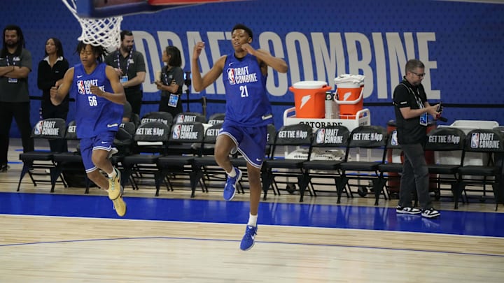 May 13, 2025; Chicago, Il, USA; Ace Bailey (21) and Tre Johnson (56) participate in the 2025 NBA Draft Combine at Wintrust Arena. Mandatory Credit: David Banks-Imagn Images