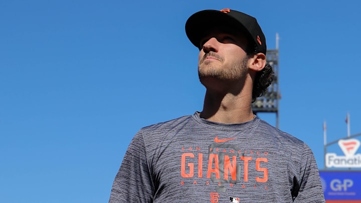 Jul 26, 2023; San Francisco, California, USA; San Francisco Giants 2023 first-round pick Bryce Eldridge before the game against the Oakland Athletics at Oracle Park.