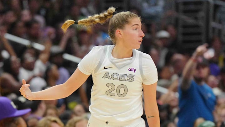 Jul 5, 2024; Los Angeles, California, USA; Las Vegas Aces guard Kate Martin (20) gestures after a three-point basket in the first half against the LA Sparks at Crypto.com Arena. Mandatory Credit: Kirby Lee-Imagn Images Jul 5, 2024; Los Angeles, California, USA; Las Vegas Aces guard Kate Martin (20) gestures after a three-point basket in the first half against the LA Sparks at Crypto.com Arena. Mandatory Credit: Kirby Lee-Imagn Images