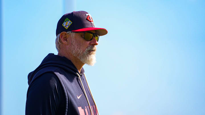 Manager Derek Shelton walks near the dugout during the Minnesota Twins first full-squad workout of spring training at Lee Health Sports Complex in Fort Myers, Fla., on Monday, Feb. 16, 2026. Manager Derek Shelton walks near the dugout during the Minnesota Twins first full-squad workout of spring training at Lee Health Sports Complex in Fort Myers, Fla., on Monday, Feb. 16, 2026.