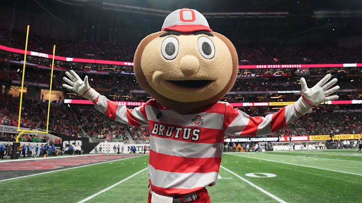Jan 20, 2025; Atlanta, GA, USA;  Ohio State Buckeyes mascot performs before the CFP National Championship college football game against the Notre Dame Fighting Irish at Mercedes-Benz Stadium. Mandatory Credit: Kirby Lee-Imagn Images
