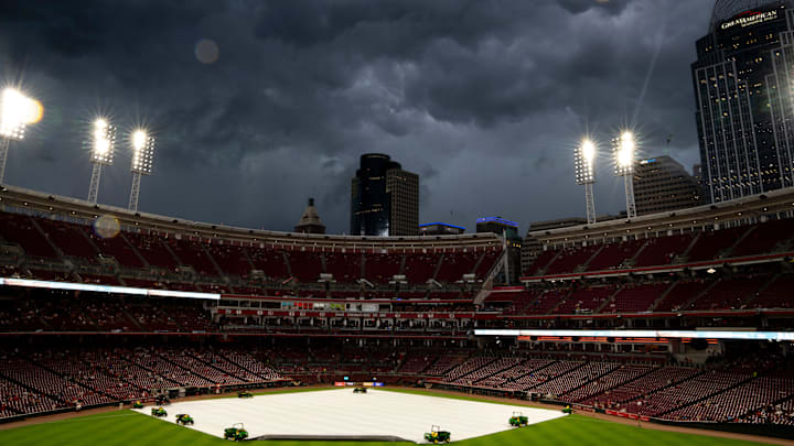 A storm delays the MLB game between Cincinnati Reds and Minnesota Twins at Great American Ball Park in Cincinnati on Wednesday, June 18, 2025.