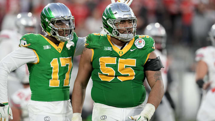 Jan 1, 2025; Pasadena, CA, USA; Oregon Ducks defensive lineman Derrick Harmon (55) reacts in the second half against the Ohio State Buckeyes in the 2025 Rose Bowl college football quarterfinal game at Rose Bowl Stadium. Mandatory Credit: Kirby Lee-Imagn Images