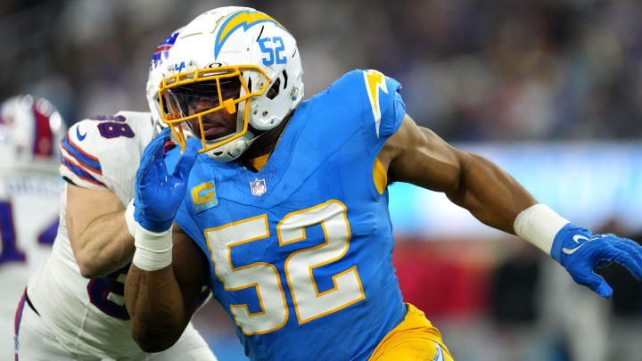 Dec 23, 2023; Inglewood, California, USA; Los Angeles Chargers linebacker Khalil Mack (52) rushes against the Buffalo Bills in the second half at SoFi Stadium. Mandatory Credit: Kirby Lee-USA TODAY Sports Dec 23, 2023; Inglewood, California, USA; Los Angeles Chargers linebacker Khalil Mack (52) rushes against the Buffalo Bills in the second half at SoFi Stadium. Mandatory Credit: Kirby Lee-USA TODAY Sports