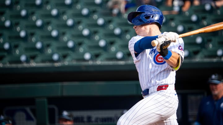 Iowa Cubs 3rd baseman Matt Shaw swings the bat at a pitch on Thursday, Aug. 15, 2024, at Principal Park.