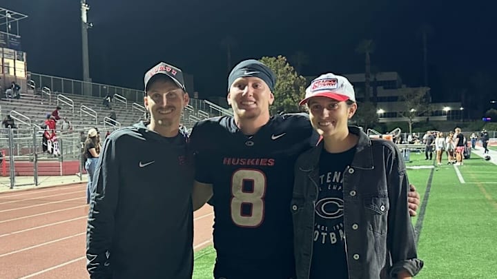 (L-R): Anthony, Dominick and Giuliana Catalano take a photo together after Dominick led Corona Centennial to a 42-36 stunner over Mater Dei on Friday, Sept. 12, 2025.