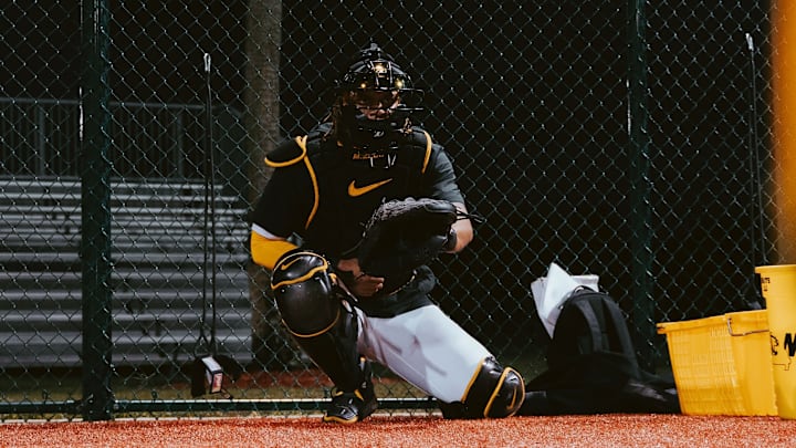 Missouri catcher Jedier Hernandez warms up at Jackie Robinson Training Center in Vero Beach, Florida. 
