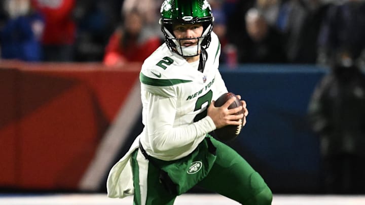 Nov 19, 2023; Orchard Park, New York, USA; New York Jets quarterback Zach Wilson (2) runs out of the