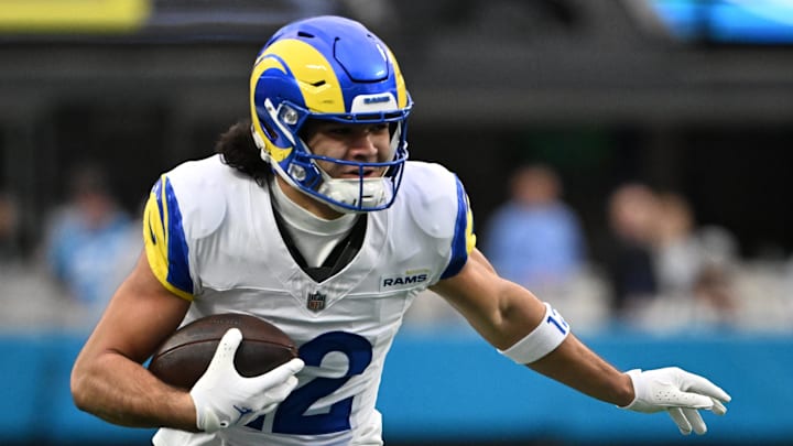 Jan 10, 2026; Charlotte, NC, USA; Los Angeles Rams wide receiver Puka Nacua (12) on the field in the first quarter in an NFC Wild Card Round game at Bank of America Stadium. Mandatory Credit: Bob Donnan-Imagn Images