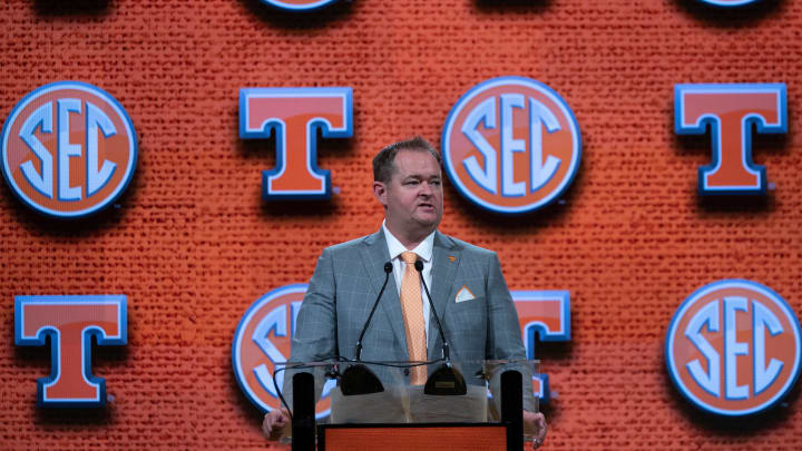 Tennessee Head Coach Josh Heupel speaks at the 2023 SEC Football Kickoff Media Days at the Nashville Grand Hyatt on Broadway, Thursday, July 20, 2023.