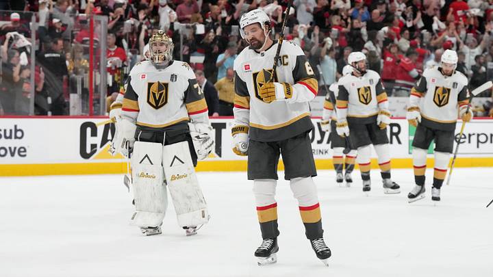 Jun 11, 2026; Raleigh, North Carolina, USA; Vegas Golden Knights goaltender Carter Hart (79) and right wing Mark Stone (61) react after losing game five of the 2026 Stanley Cup Final against the Carolina Hurricanes at Lenovo Center. Mandatory Credit: James Guillory-Imagn Images Jun 11, 2026; Raleigh, North Carolina, USA; Vegas Golden Knights goaltender Carter Hart (79) and right wing Mark Stone (61) react after losing game five of the 2026 Stanley Cup Final against the Carolina Hurricanes at Lenovo Center. Mandatory Credit: James Guillory-Imagn Images
