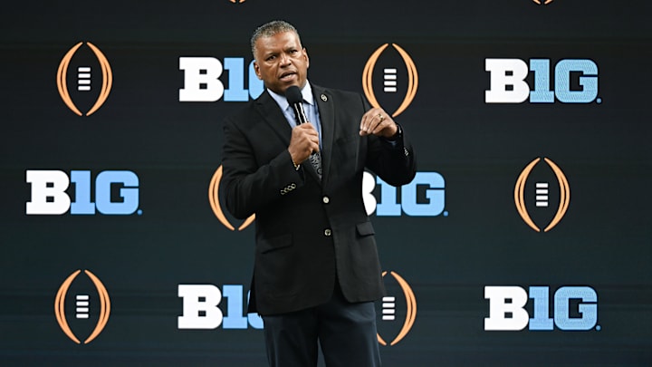 Jul 24, 2024; Indianapolis, IN, USA;  College Football Playoff executive director Richard M. Clark speaks to the media during the Big 10 football media day at Lucas Oil Stadium. Mandatory Credit: Robert Goddin-USA TODAY Sports