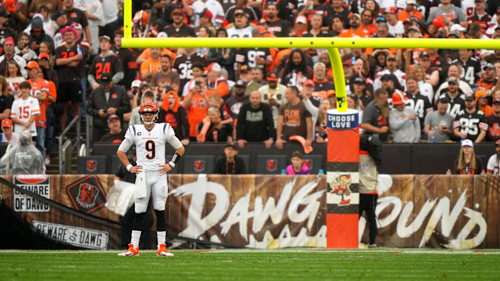 Cincinnati Bengals quarterback Joe Burrow (9) waits for a snap in the first quarter of an NFL football game between the Cincinnati Bengals and Cleveland Browns, Sunday, Sept. 10, 2023, at Cleveland Browns Stadium in Cleveland.