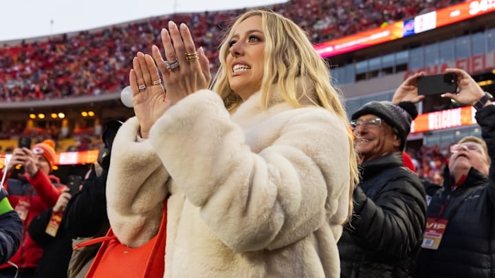 Brittany Mahomes on the sidelines before the AFC Championship game against the Buffalo Bills at GEHA Field at Arrowhead Stadium. Brittany Mahomes on the sidelines before the AFC Championship game against the Buffalo Bills at GEHA Field at Arrowhead Stadium.